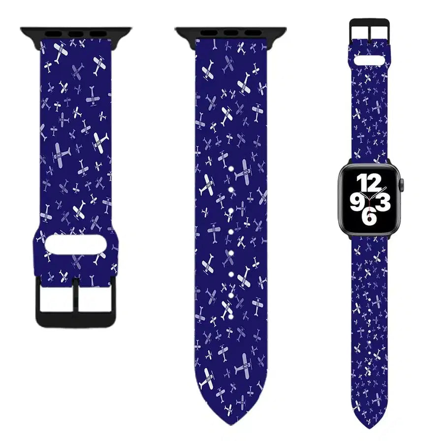 Side view of Seamless Propellers aviation Apple Watch band in soft silicone, polished finish.