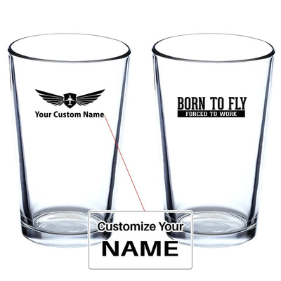 Born To Fly Forced To Work Beer & aviation design on beer water glass, versatile drinkware.