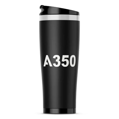 Airbus A350 Flat Text aviation design on travel mug no-holder, insulated double-wall.