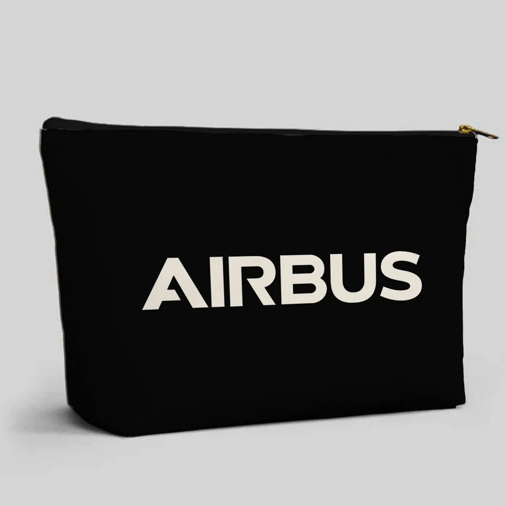 Airbus & Text aviation design zipper pouch, durable polyester construction.