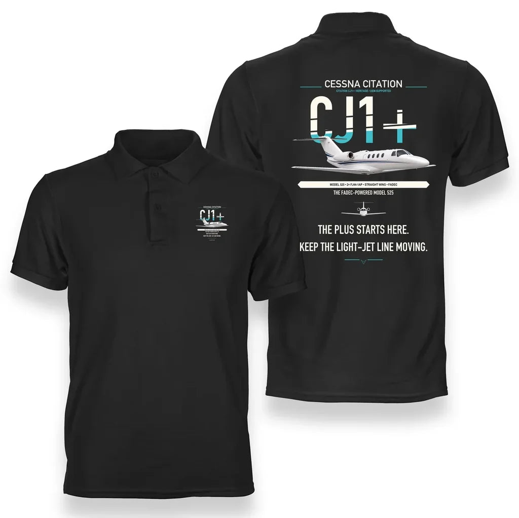 Cessna Citation CJ1+ design on black double-side polo t-shirt, double-side print