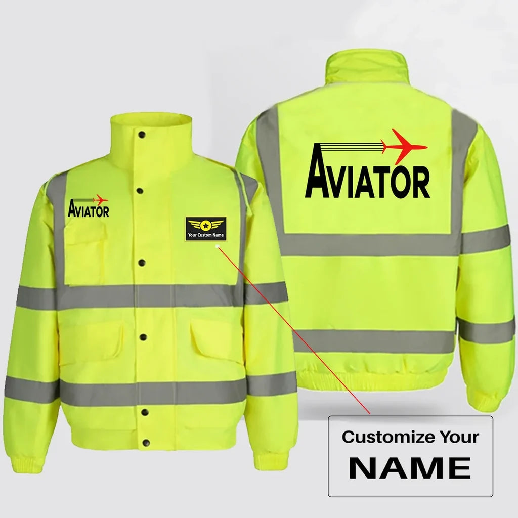 Aviator aviation design printed on insulated shell with high-visibility reflective panels reflective winter jacket.