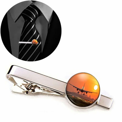 Amazing Airbus A330 Landing at Sunset aviation-themed tie clip, polished stainless steel.