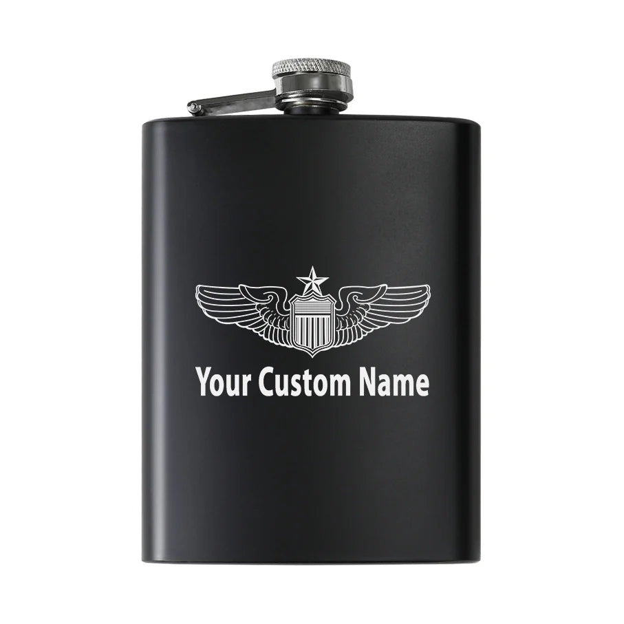 Custom Name (US Air Force & Star) aviation design on stainless hip flask, compact pocket-size flask.