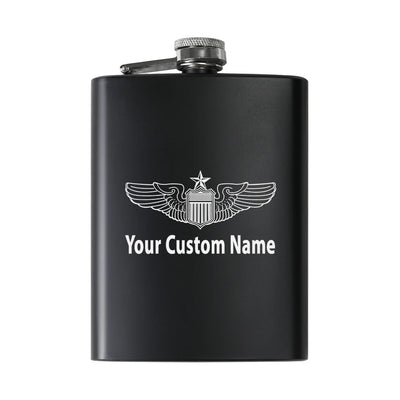 Custom Name (US Air Force & Star) aviation design on stainless hip flask, compact pocket-size flask.