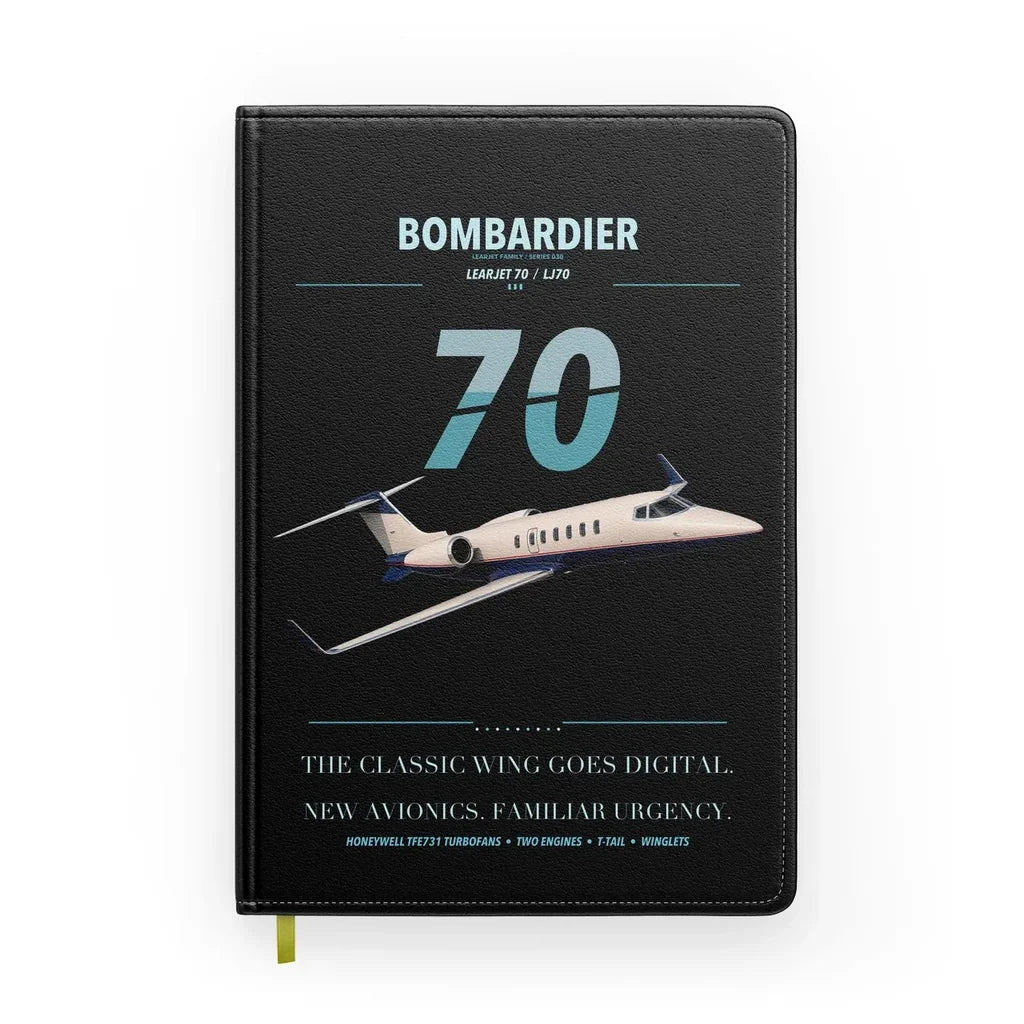 Bombardier Learjet 70 design on black notebook