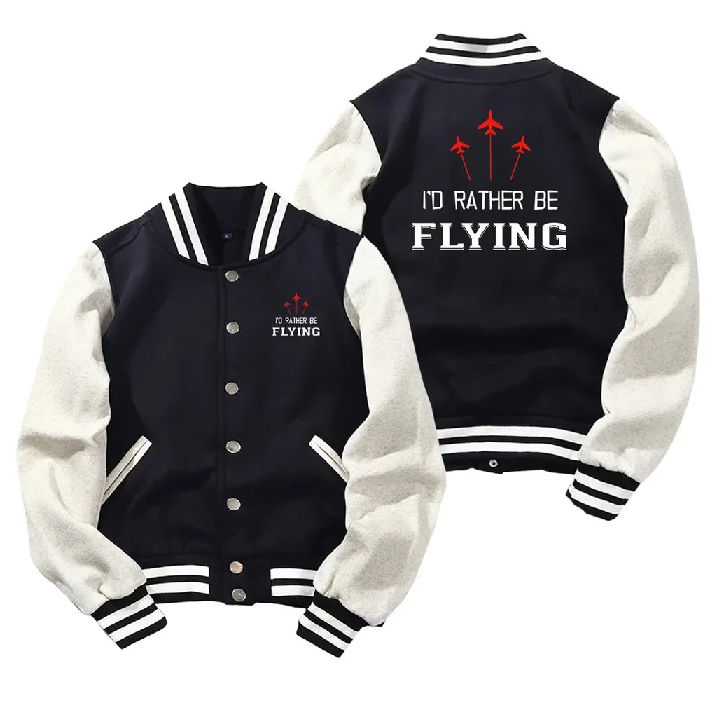 I'D Rather Be Flying Baseball Style aviation design printed on two-tone shell with ribbed cuffs baseball jacket.