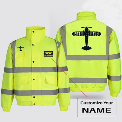 Eat Sleep Fly & Propeller aviation design printed on insulated shell with high-visibility reflective panels reflective winter.