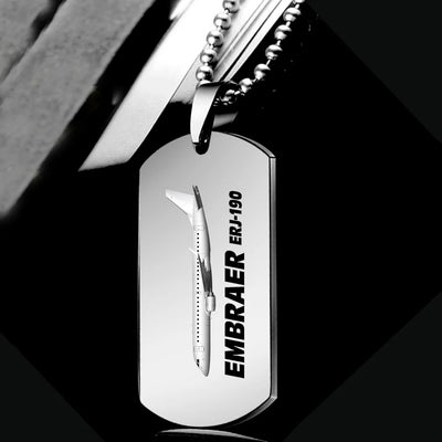Side view of The Embraer ERJ-190 aviation necklace in polished metal, polished finish.