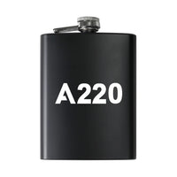 Thumbnail for Airbus A220 Flat Text aviation design on stainless hip flask, compact pocket-size flask.