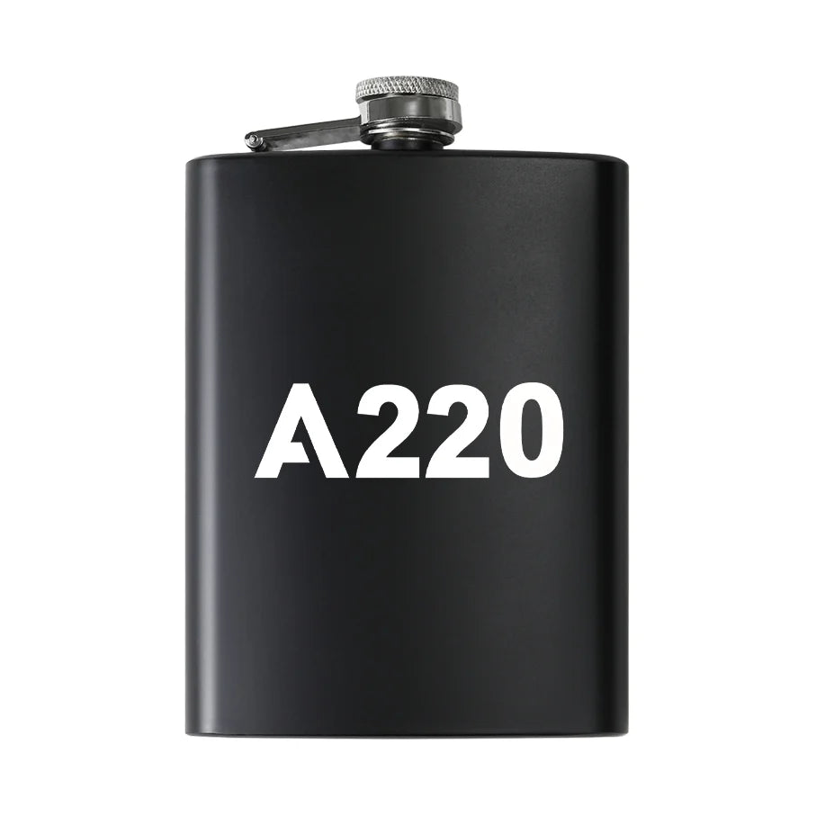 Airbus A220 Flat Text aviation design on stainless hip flask, compact pocket-size flask.