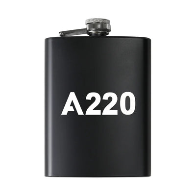 Airbus A220 Flat Text aviation design on stainless hip flask, compact pocket-size flask.