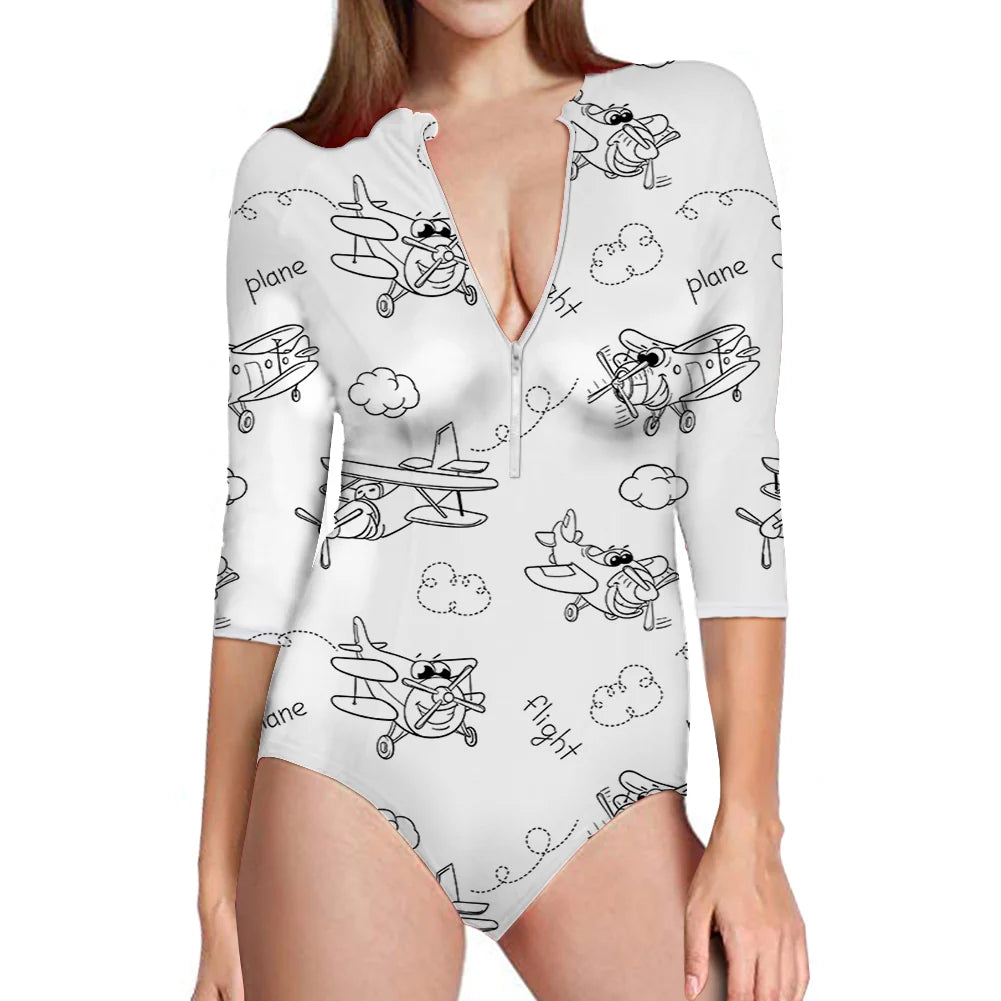 Cartoon Planes aviation design on stretch swim fabric deep-V swim bodysuit.