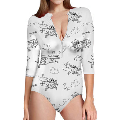 Cartoon Planes aviation design on stretch swim fabric deep-V swim bodysuit.