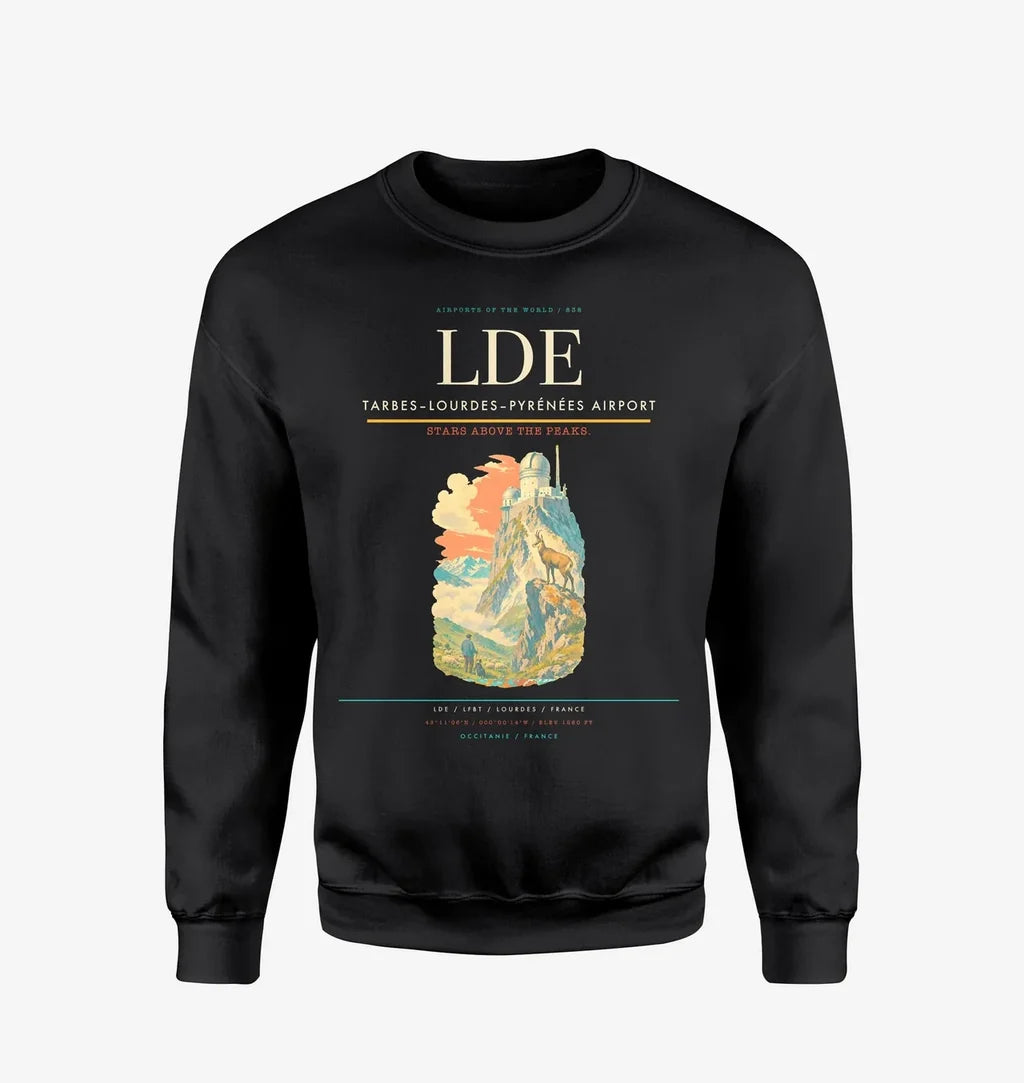 Tarbes–Lourdes–Pyrénées Airport (LDE) design on black sweatshirt