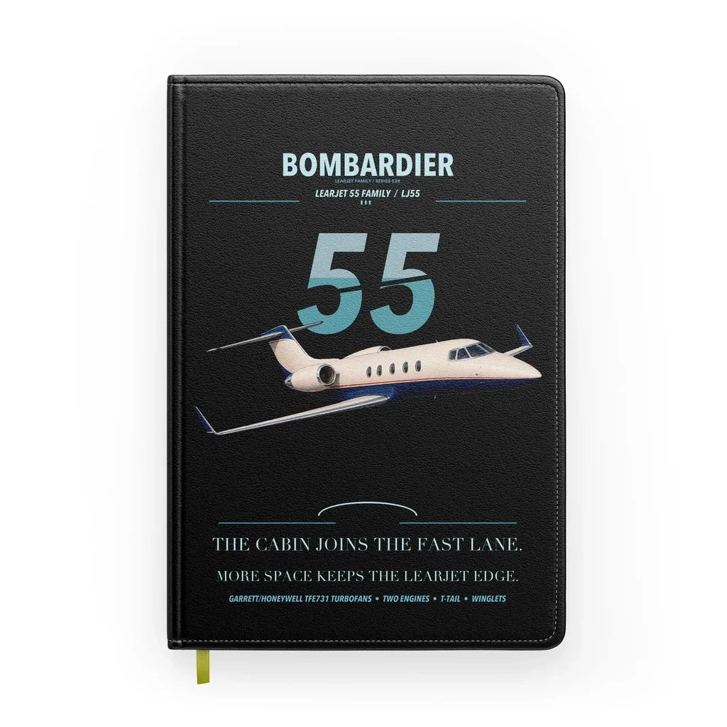 Bombardier Learjet 55 design on black notebook