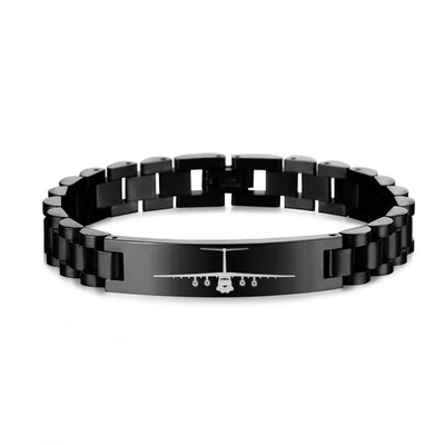 Side view of Ilyushin IL-76 Silhouette aviation chain bracelet in stainless steel, polished finish.