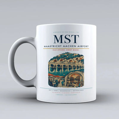 Maastricht Aachen Airport (MST) airport code design on white ceramic mug