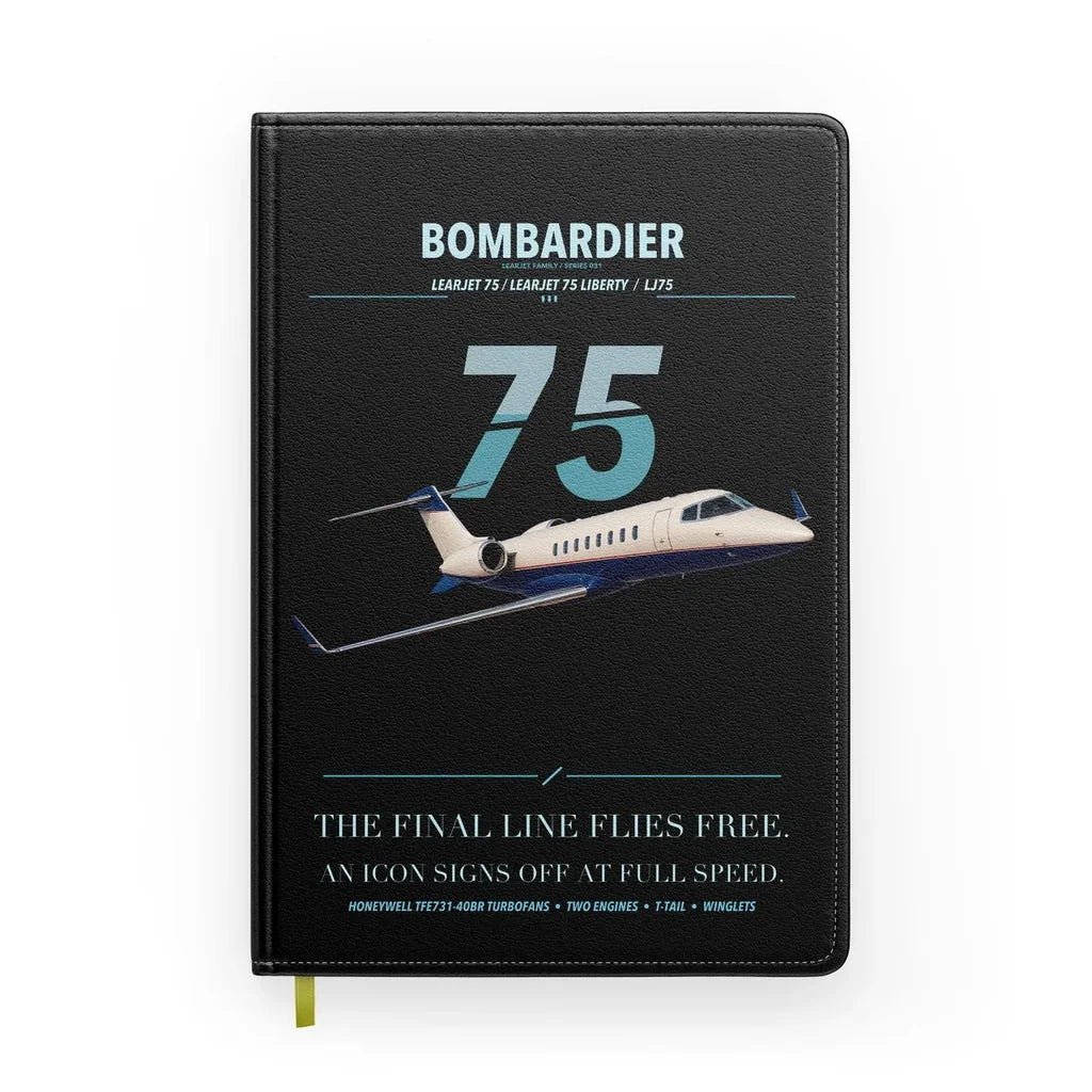 Bombardier Learjet 75 Liberty design on black notebook