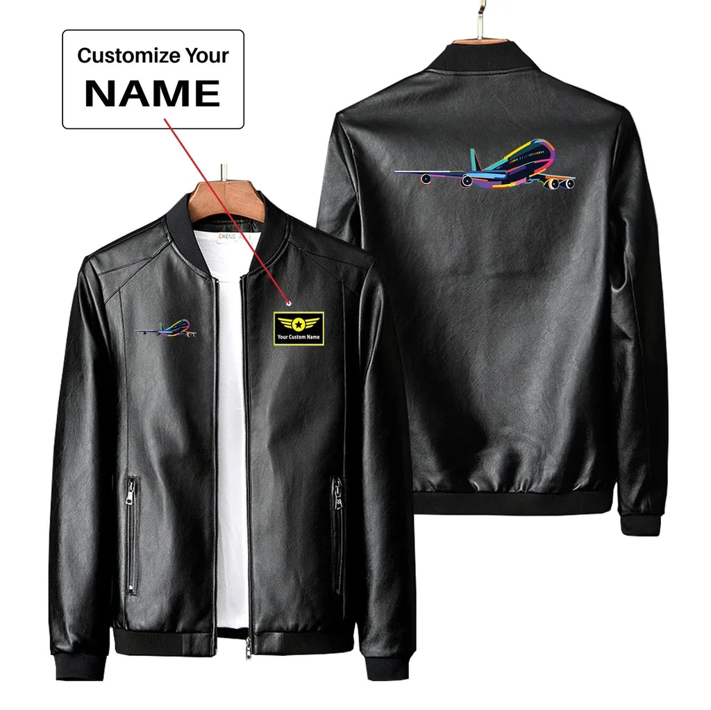 Multicolor Airplane PU aviation design printed on genuine leather with quilted lining leather jacket.
