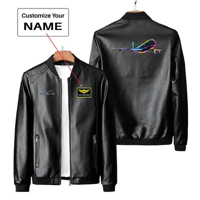 Multicolor Airplane PU aviation design printed on genuine leather with quilted lining leather jacket.
