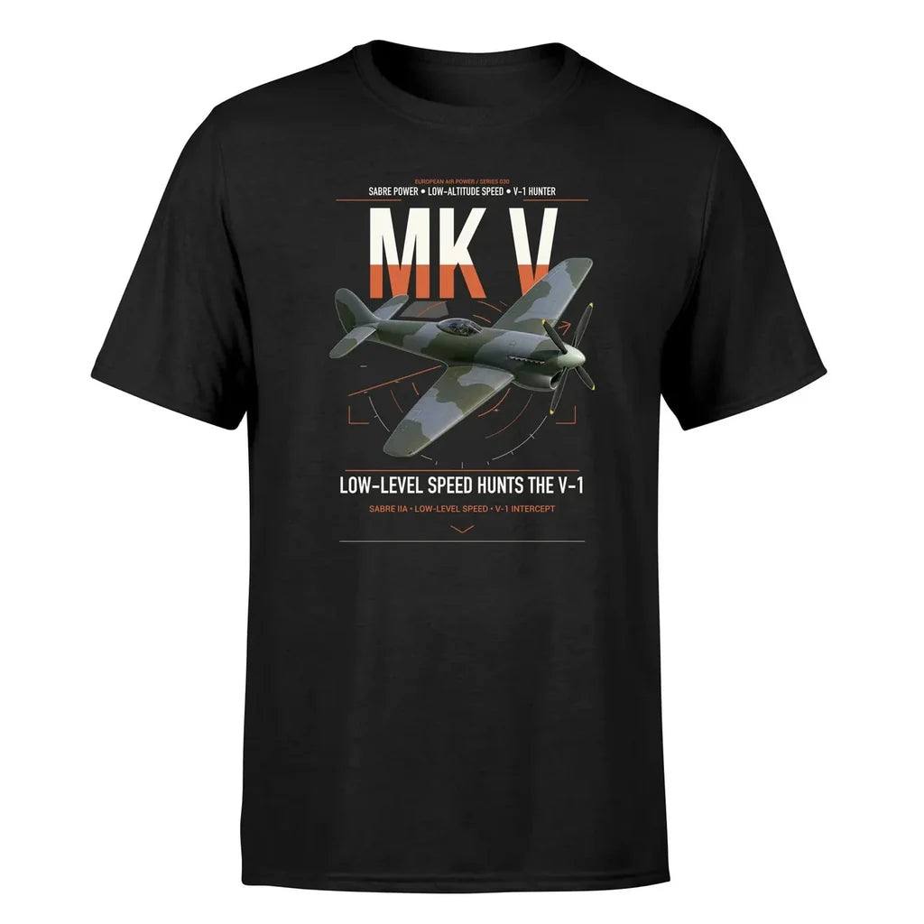 Hawker Tempest Mk V design on black t-shirt, single-side print