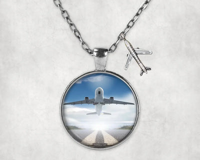 Side view of Taking off Aircraft aviation necklace in stainless steel, polished finish.