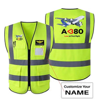 Thumbnail for Airbus A380 Love at first flight aviation design printed on high-visibility reflective fabric reflective vest.