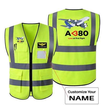 Airbus A380 Love at first flight aviation design printed on high-visibility reflective fabric reflective vest.