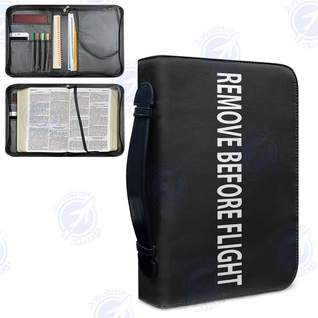 REMOVE BEFORE FLIGHT-Black aviation PU accessories bag in PU faux leather.