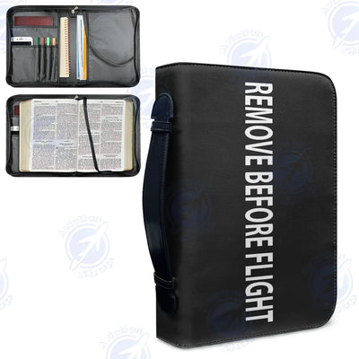 REMOVE BEFORE FLIGHT-Black aviation PU accessories bag in PU faux leather.
