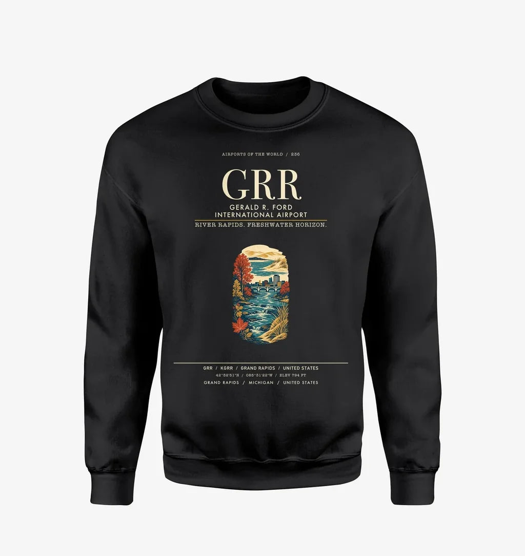 Gerald R. Ford International Airport Grand Rapids (GRR) design on black sweatshirt