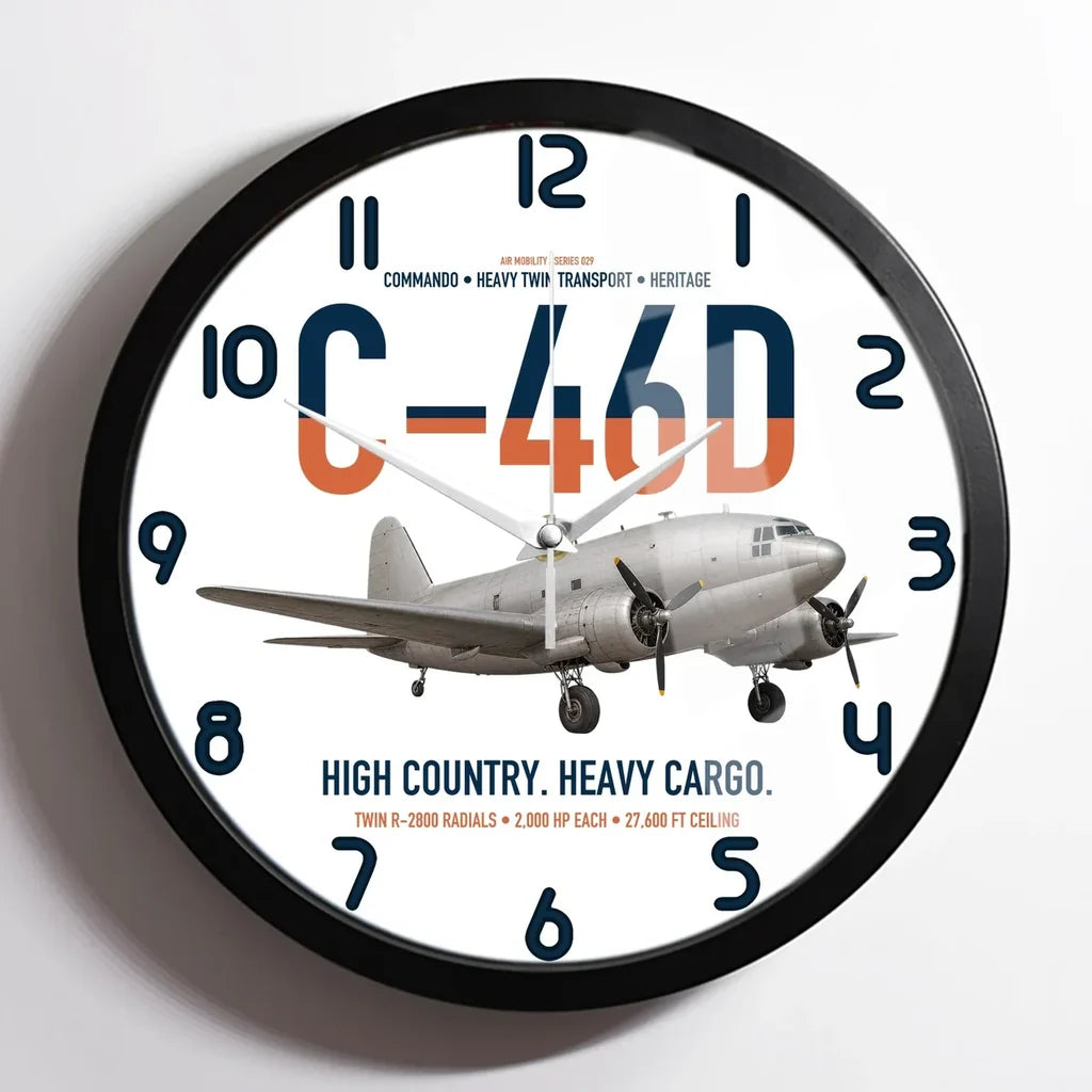 C-46D Commando design on white framed wall clock