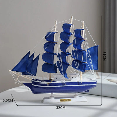 Side view of Royal Blue Nautical Wooden Sailboat Model Ornament aviation model ship in diecast metal or wood with detailed pa.