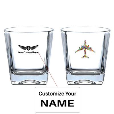 Colourful Airplane aviation design on whiskey glass, crystal-clear premium glassware.