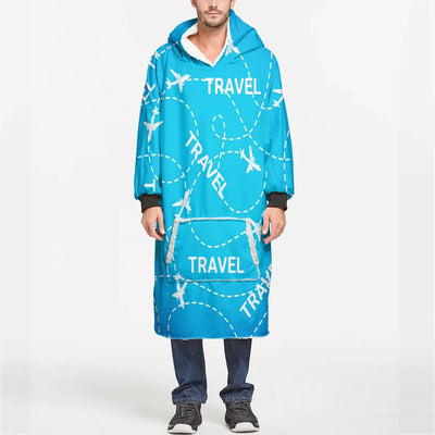 Travel & Planes aviation design on soft fleece blanket hoodie.