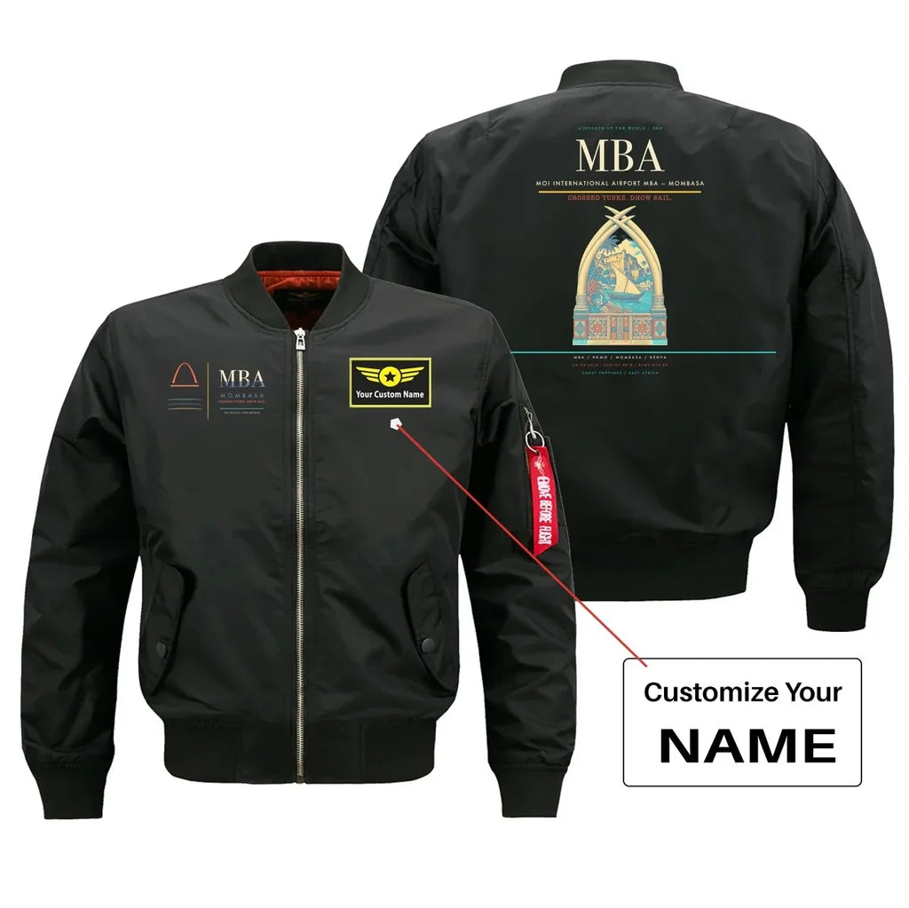 Moi International Airport (MBA) design on black bomber jacket with custom name patch