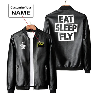 Eat Sleep Fly PU aviation design printed on genuine leather with quilted lining leather jacket.