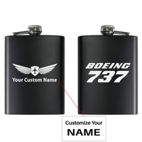 Thumbnail for Boeing 737 & Text aviation design on stainless hip flask, compact pocket-size flask.