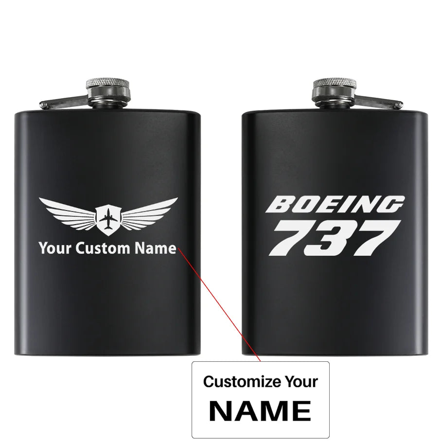 Boeing 737 & Text aviation design on stainless hip flask, compact pocket-size flask.