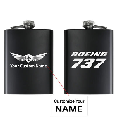 Boeing 737 & Text aviation design on stainless hip flask, compact pocket-size flask.
