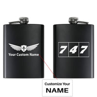 Thumbnail for Flat Colourful 747 aviation design on stainless hip flask, compact pocket-size flask.