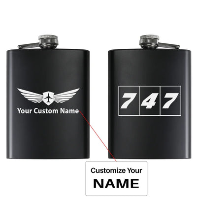 Flat Colourful 747 aviation design on stainless hip flask, compact pocket-size flask.