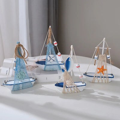 Side view of 4pc 6.69 in White Cracking pattern Marine Nautical Wooden Sailboat Model Ornament aviation model ship in diecast.