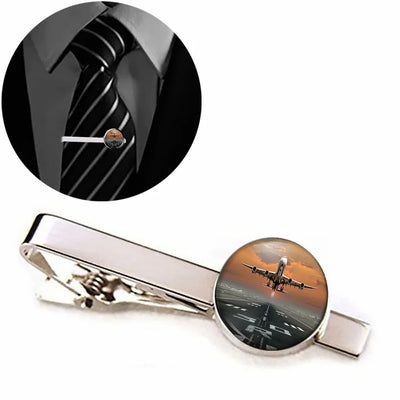 Aircraft Departing from RW30 aviation tie clip, stainless steel body with engraved detail.