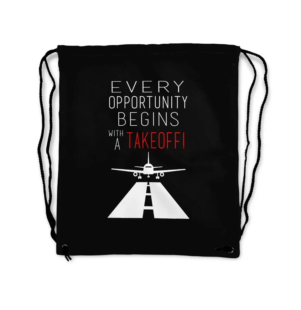 Every Opportunity aviation design drawstring bag, lightweight polyester construction.