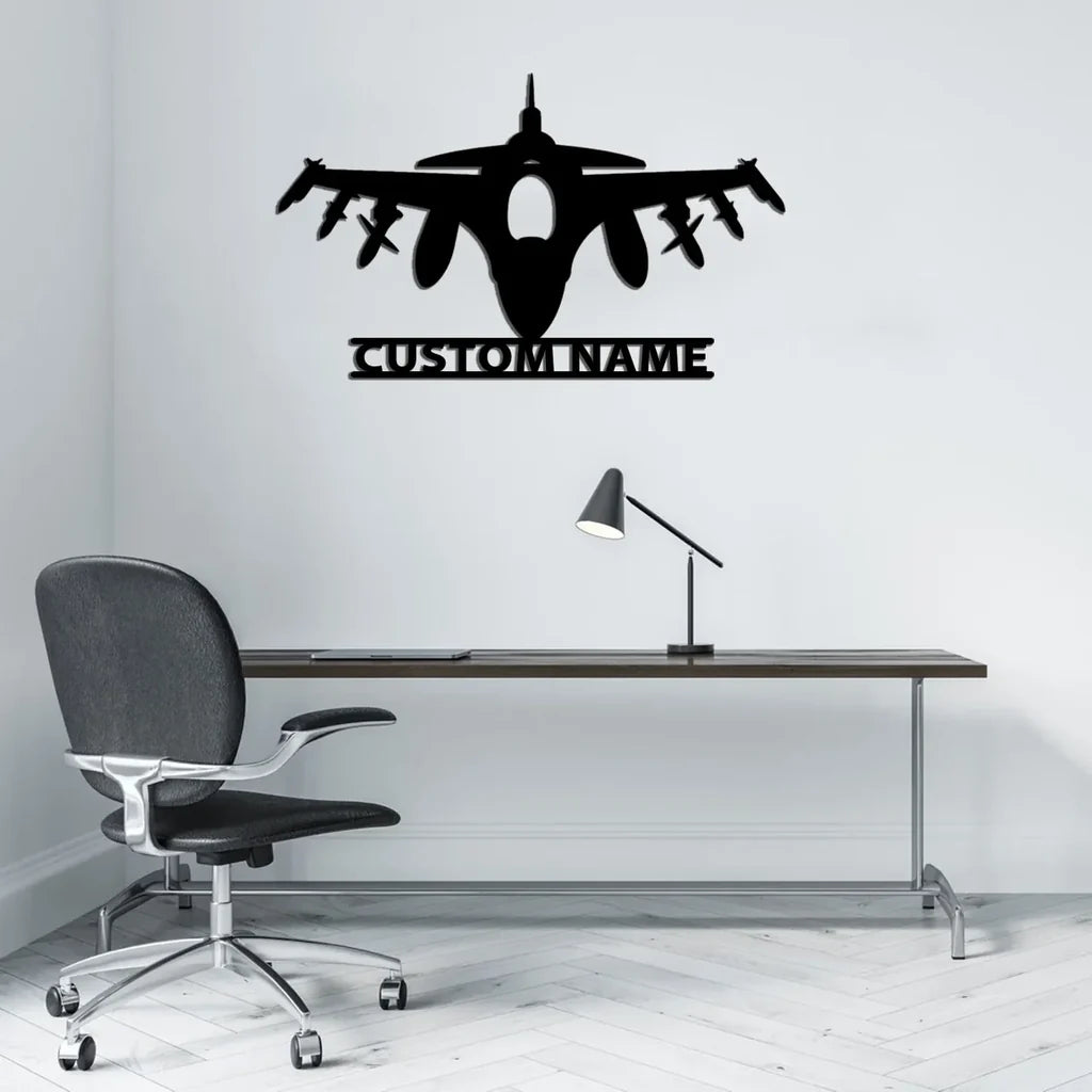 Fighter Jet 16 Silhouette aviation design on durable metal with painted finish metal wall sign.