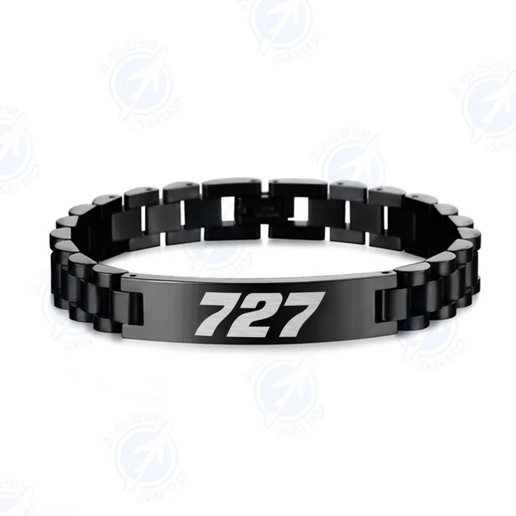 Side view of Boeing 727 Flat Text aviation chain bracelet in stainless steel, polished finish.