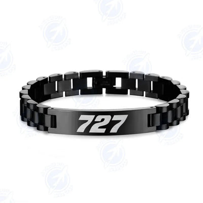 Side view of Boeing 727 Flat Text aviation chain bracelet in stainless steel, polished finish.