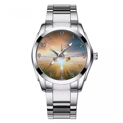 Side view of Airplane Flying Over Runway aviation watch with stainless steel band in stainless steel, polished finish.